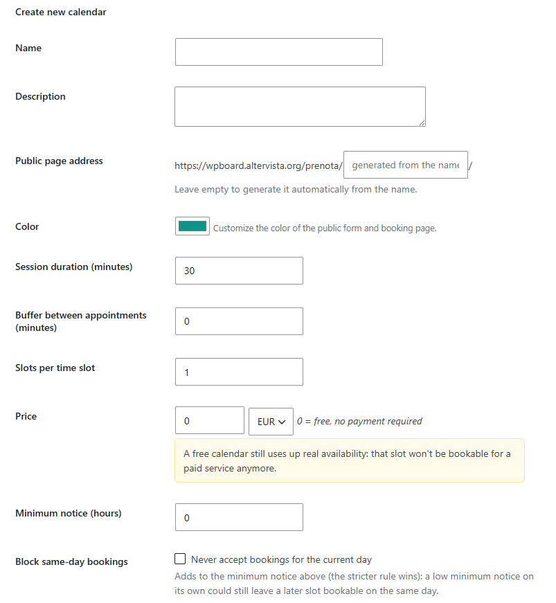 Create a new calendar: duration, price and public link in one form