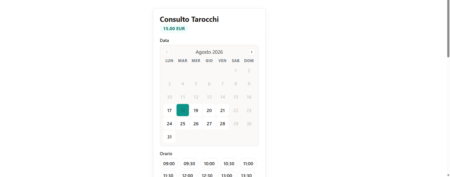 Calendario di prenotazione pubblico con vista mensile e fasce orarie